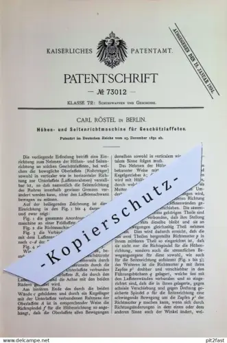 original Patent - Carl Röstel , Berlin | 1892 | Richtmaschine für Geschützlaffeten | Laffette , Geschütz , Waffen !!!