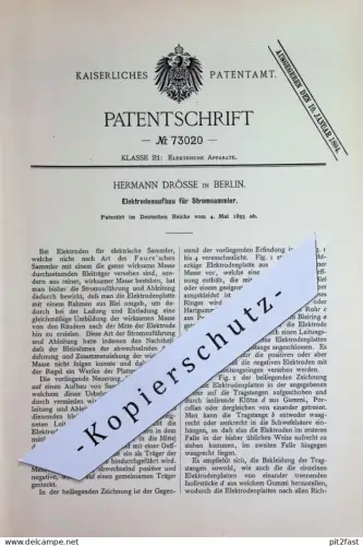 original Patent - Hermann Drösse , Berlin | 1893 | Elektrodenaufbau für Stromsammler | Elektroden Strom Elektrik | Faure
