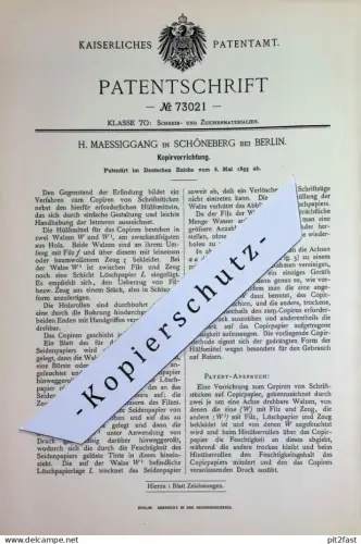 original Patent - H. Maessiggang . Berlin / Schöneberg | 1893 | Kopiervorrichtung | Kopie Kopieren Kopierpapier Papier
