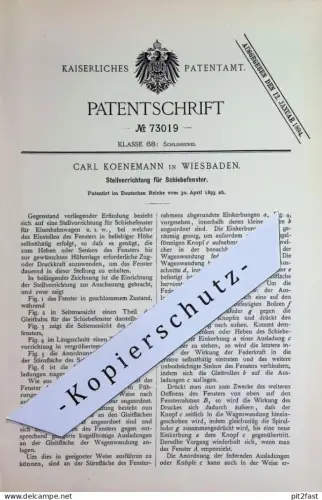 original Patent - Carl Koenemann , Wiesbaden | 1893 | Stellvorrichtung f. Schiebefenster | Eisenbahn - Fenster | Schloss