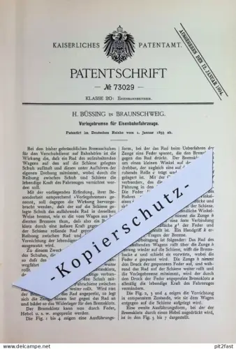 original Patent - H. Büssing , Braunschweig | Vorlegebremse für Eisenbahnfahrzeuge | Eisenbahn - Bremse | Bremsen