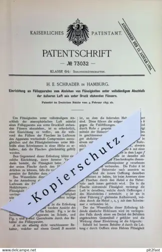 original Patent - H. E. Schrader , Hamburg | 1893 | Abziehen von Flüssigkeiten - Zapfanlage | Füllapparat | Bier , Wein