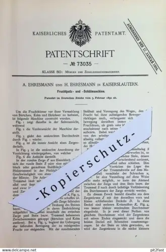 original Patent - A. & H. Ehresmann , Kaiserslautern | 1892 | Früchte putzen u. schälen | Getreide , Mühle , Mahlen !!