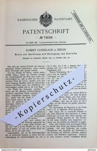 original Patent - Robert Gundelach , Berlin | 1891 | Sortierung u. Reinigung von Getreide | Mühle , Landwirtschaft