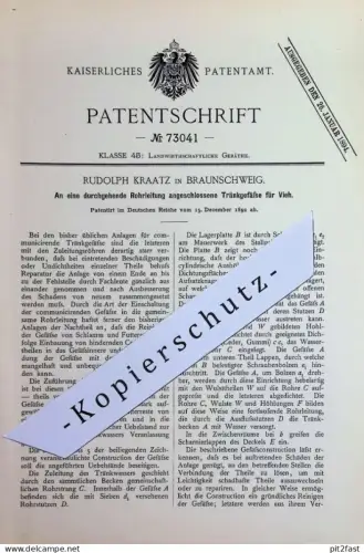 original Patent - Rudolph Kraatz , Braunschweig | 1892 | Tränkgefäße für Vieh | Tiere , Tierzucht , Landwirtschaft