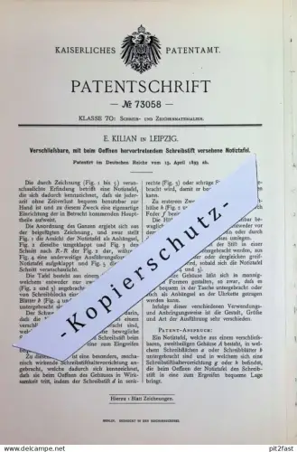 original Patent - E. Kilian , Leipzig | 1893 | Notiztafel mit Schrift | Tafel , Zeichnen , Reklame , Werbung , Schreiben