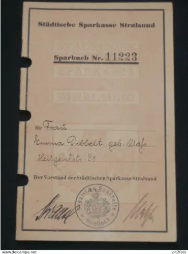 altes Sparbuch - Stralsund i. Mecklenburg , 1933 - 1937 , Emma Dibbelt geb. Maß , Sparkasse , Bank !!