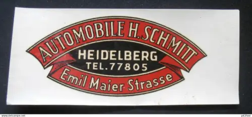 alter Wasserabzieher / Aufkleber - Automobile H. Schmitt in Heidelberg , Werkstatt , Autohaus - Reklame Werbung