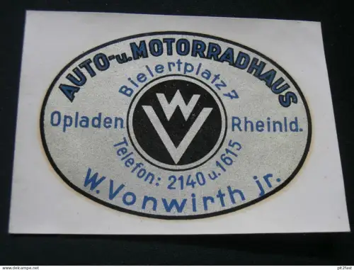alter Wasserabzieher / Aufkleber - W. Vonwirth in Opladen b. Leverkusen , VW Werkstatt , Autohaus - Reklame , Werbung !!