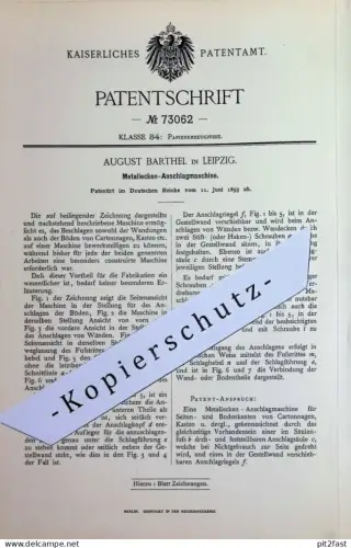 original Patent - August Barthel , Leipzig | 1893 | Metallecken - Anschlagmaschine | Metall , Karton , Pappe , Koffer !!