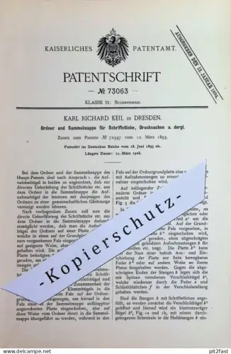 original Patent - Karl Richard Keil , Dresden | 1893 |  Ordner & Mappe für Schriftstücke , Drucksachen | Buchbinderei