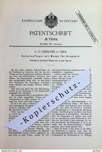 original Patent - C. O. Liebscher , Gera | 1893 | Selbstaufleger mit Waage für Krempeln | Spinnmaschine , Faser , Wolle