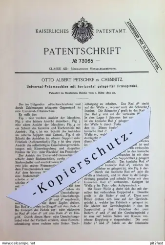 original Patent - Otto Albert Petschke , Chemnitz | 1892 | Fräsmaschine mit horizontaler Frässpindel | Fräse , Fräsen !!