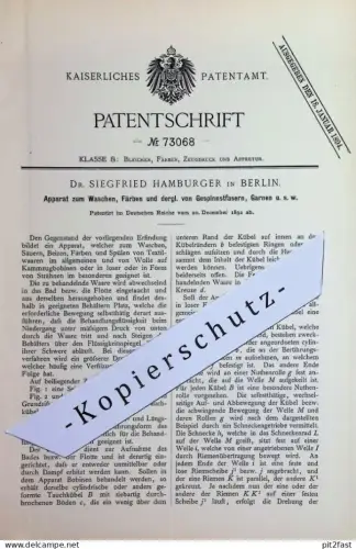 original Patent - Dr. Siegfried Hamburger , Berlin | 1892 | Waschen u. Färben von Fasern , Garn , Textilien , Gewebe !
