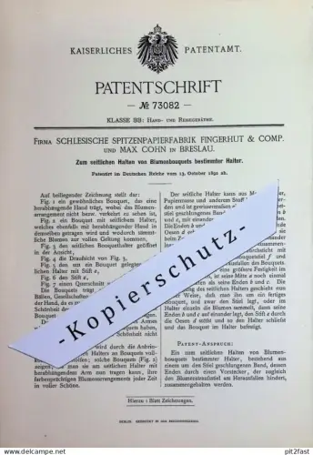 original Patent - Schlesische Spitzenpapierfabrik Fingerhut & Comp. | Max Cohn , Breslau | 1892 | Halter für Blumen !!