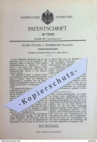 original Patent - Eugen Füllner , Warmbrunn , Schlesien | 1893 | Papiermaschine | Papier , Papierfabrik , Karton , Pappe