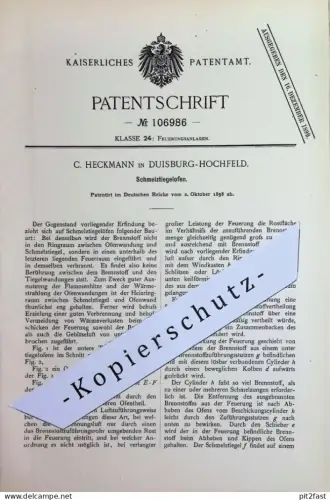 original Patent - C. Heckmann , Duisburg / Hochfeld | 1898 | Schmelztiegelofen | Ofen , Schmelzofen , Öfen , Feuerung !!