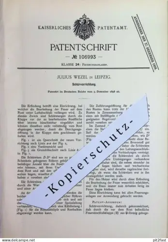 original Patent - Julius Wezel , Leipzig | 1898 | Schürvorrichtung | Feuerung , Ofen , Öfen , Heizung , Ofenrost , Rost
