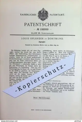 original Patent - Louis Opländer , Dortmund | 1899 | Zugregler | Ofen , Öfen , Feuerung , Ofenbau , Heizung
