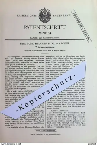 original Patent - Fa. Conr. Heucken & Co. , Aachen | 1884 | Treibriemenverbindung | Treibriemen | Maschinenbau , Riemen