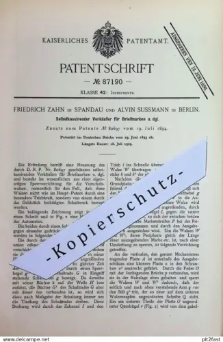 original Patent - Friedrich Zahn , Berlin / Spandau | Alvin Sussmann , Berlin | 1895 | Verkaufsautomat für Briefmarken !