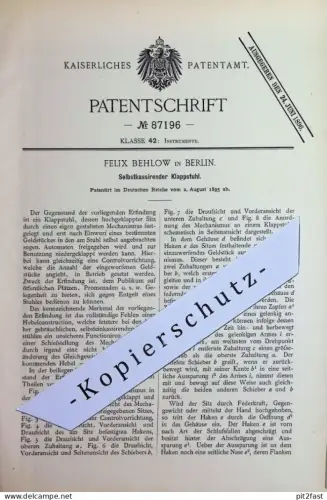 original Patent - Felix Behlow , Berlin | 1895 | Selbstkassierender Klappstuhl | Stuhl , Stühle , Möbelbau , Möbel !!