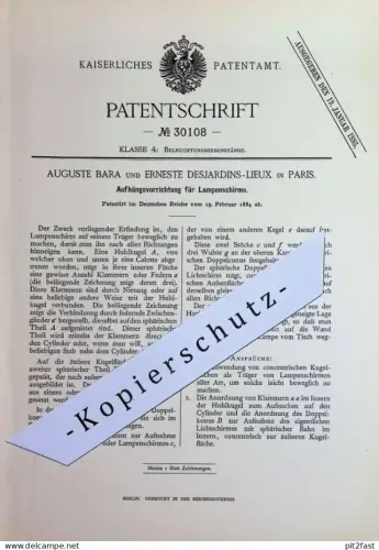 original Patent - Auguste Bara , Erneste Desjardins Lieux , Paris Frankreich | 1884 | Lampenschirm - Aufhängung | Lampen