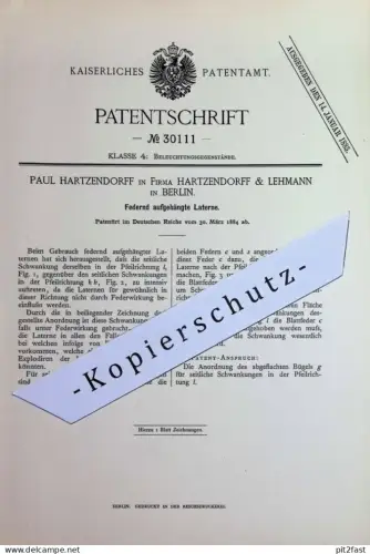 original Patent - Paul Hartzendorff & Lehmann , Berlin | 1884 | Federnd aufgehängte Laterne | Brenner , Beleuchtung