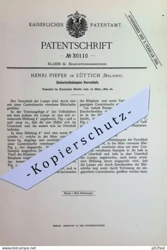 original Patent - Henri Pieper , Lüttich , Belgien | 1884 | Sicherheitslampen Verschluss | Lampe , Grubenlampe | Laterne
