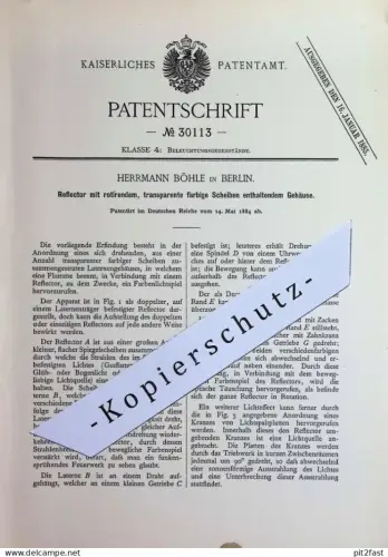 original Patent - Hermann Böhle , Berlin | 1884 | Reflektor | Flamme , Laterne , Beleuchtung , Signal | Balmain