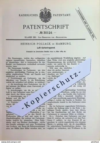 original Patent - Heinrich Pollack , Hamburg | 1884 | Luft - Carburierapparat | Gasmotor , Motor , Motoren , Gas !!