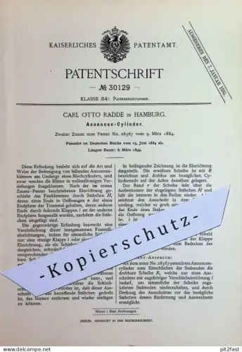 original Patent - Carl Otto Radde , Hamburg | 1884 | Annoncen - Cylinder | Papier , Anzeigenblatt , Reklame , Zeitung !!