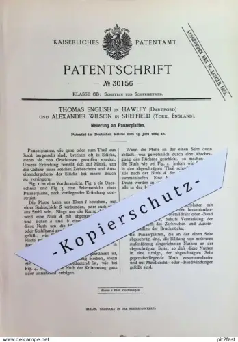 original Patent - Thomas English , Hawley , Dartford | Alexander Wilson , Sheffield York England | 1884 | Panzerplatten