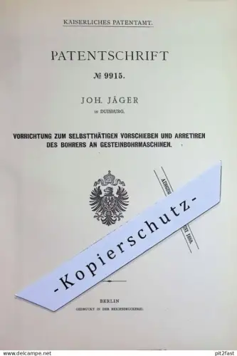 original Patent - Joh. Jäger , Duisburg | 1879 | Bohrer an Gesteinbohrmaschine | Gestein Bohrmaschine , Bohren | Bergbau