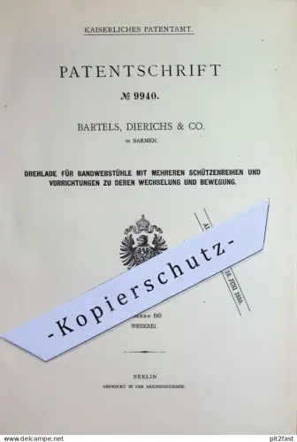 original Patent - Bartels , Dierichs & Co. , Barmen | 1879 | Drehlade für Bandwebstuhl | Webstuhl , Weben , Weberei !!