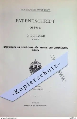 original Patent - G. Dittmar , Berlin | 1879 | Türschloss , Schloss , Schlösser | Schlosserei , Schlosser , Türen