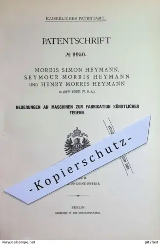 original Patent - Morris Simon Heymann , Seymour Morris Heymann , Henry Morris Heymann , New York , USA | künstl. Feder