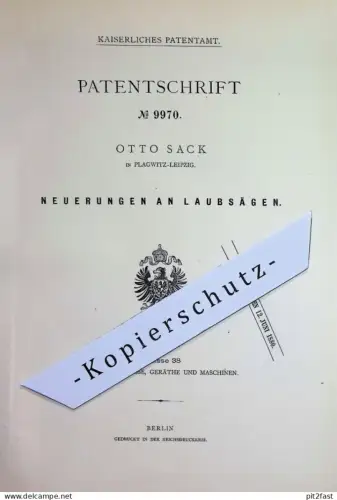 original Patent - Otto Sack , Leipzig / Plagwitz | 1879 | Laubsäge , Laubsägen | Säge , Sägen , Holz , Tischler