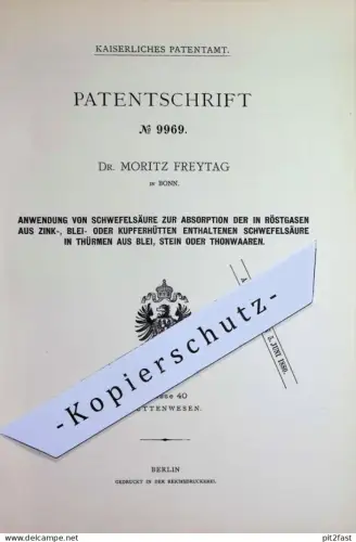 original Patent - Dr. Moritz Freytag , Bonn | 1879 | Schwefelsäure | Säure , Blei , Kupfer , Ton , Stein | Chemie