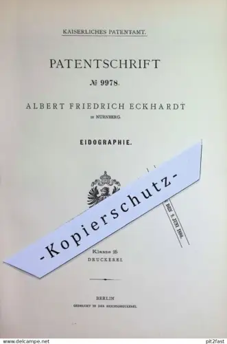 original Patent - Albert Friedrich Eckhardt , Nürnberg | 1879 | Eidographie | Ideographie | Druck Druckplatten Buchdruck