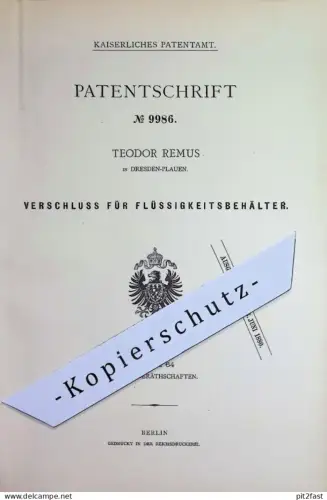 original Patent - Teodor Remus , Dresden / Plauen | 1879 | Verschluss für Glasflaschen | Pfropfen , Korken | Flaschen