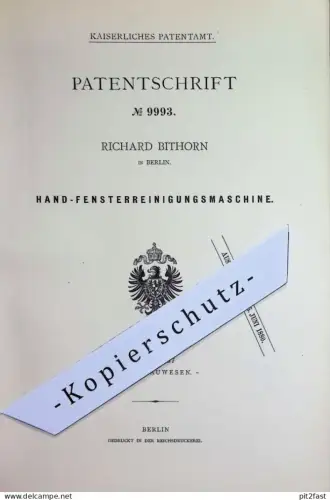 original Patent - Richard Bithorn , Berlin | 1879 | Reinigung der Schaufenster u. Spiegel | Fenster | Glasreinigung