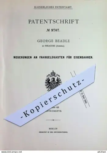 original Patent - George Beadle , Syracuse , New York , USA | 1878 |  Fahrgeldkasten für Eisenbahnen | Kasse , Kassette
