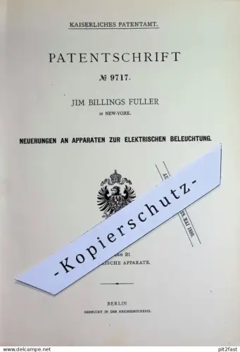 original Patent - Jim Billings Fuller , New York , USA | 1879 | elektrische Beleuchtung | Licht , Strom , Elektrik !!