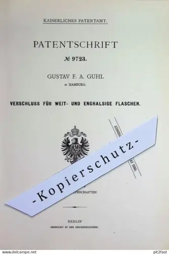 original Patent - Gustav F. A. Guhl , Hamburg | 1879 | Verschluss für Flaschen | Stöpsel für Konserve , Glas , Steingut