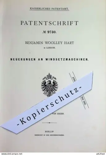 original Patent - Benjamin Woolley Hart , London , England | 1879 | Windsetzmaschinen | Erz , Erze , Gestein , Steine !