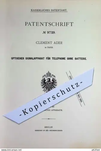 original Patent - Clement Ader , Paris , Frankreich | 1879 | Optischer Signalapparat f. Telephon ohne Batterie | Telefon