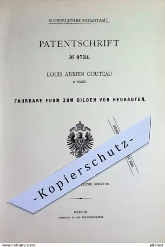 original Patent - Louis Adrien Couteau , Paris , Frankreich | 1879 | Fahrbare Form zum Bilden von Heuhaufen | Heu Stroh