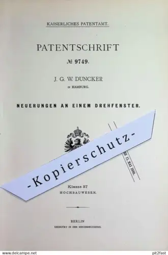original Patent - J. G. W. Duncker , Hamburg | 1879 | Drehfenster | Fenster , Fensterbau , Fensterbauer , Klappfenster