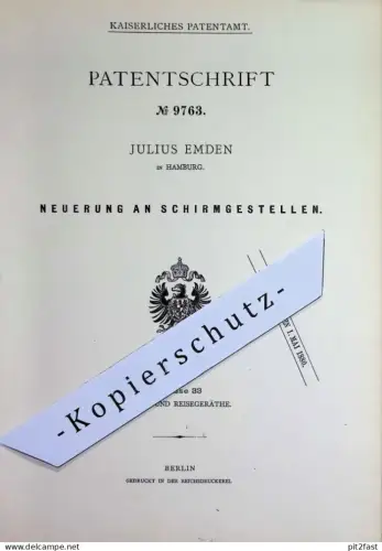 original Patent - Julius Emden , Hamburg | 1879 | Schirmgestell | Gestell für Schirme , Regenschirm , Sonnenschirm !!